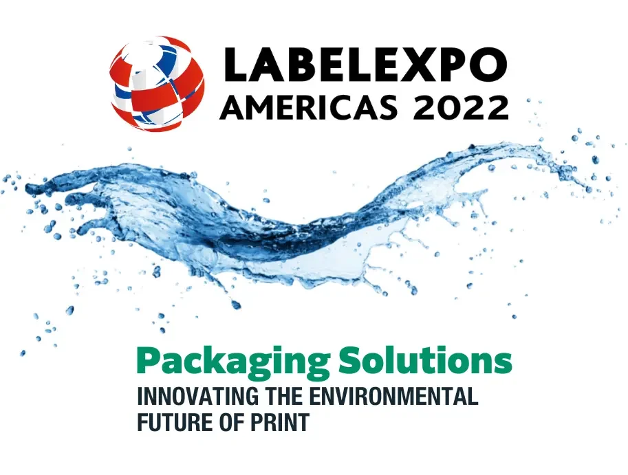 Labelexpo logo with text for Packaging Solutions that are innovating the environmental future of print.