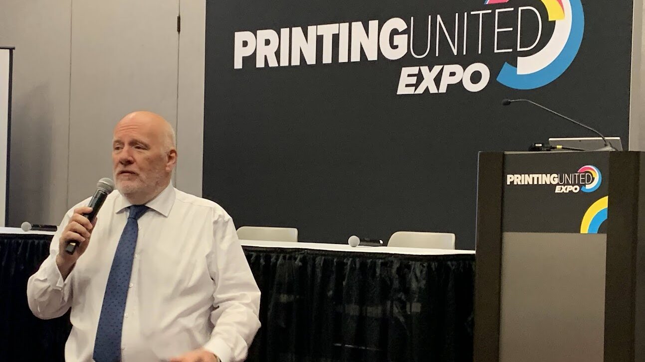 Fujfilm's Dave Burton announcing partnership at Printing United 2022